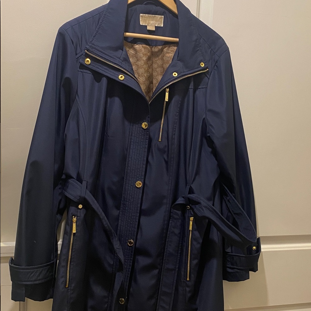 Michael Kors Navy Trench Coat with Gold Hardware Accents